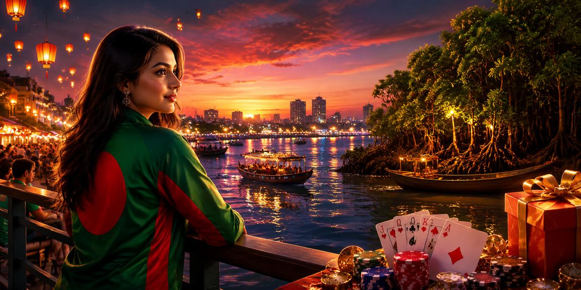 A Bangladeshi model betting on cricket on mobile against a Sundarbans backdrop